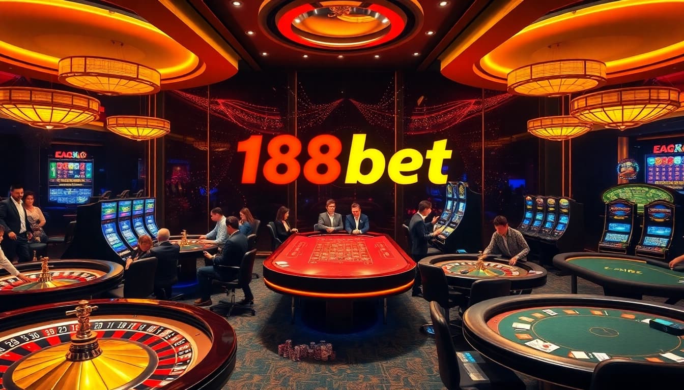 Experience the thrill of gambling at 188bet with lively casino tables and vibrant slot machines.