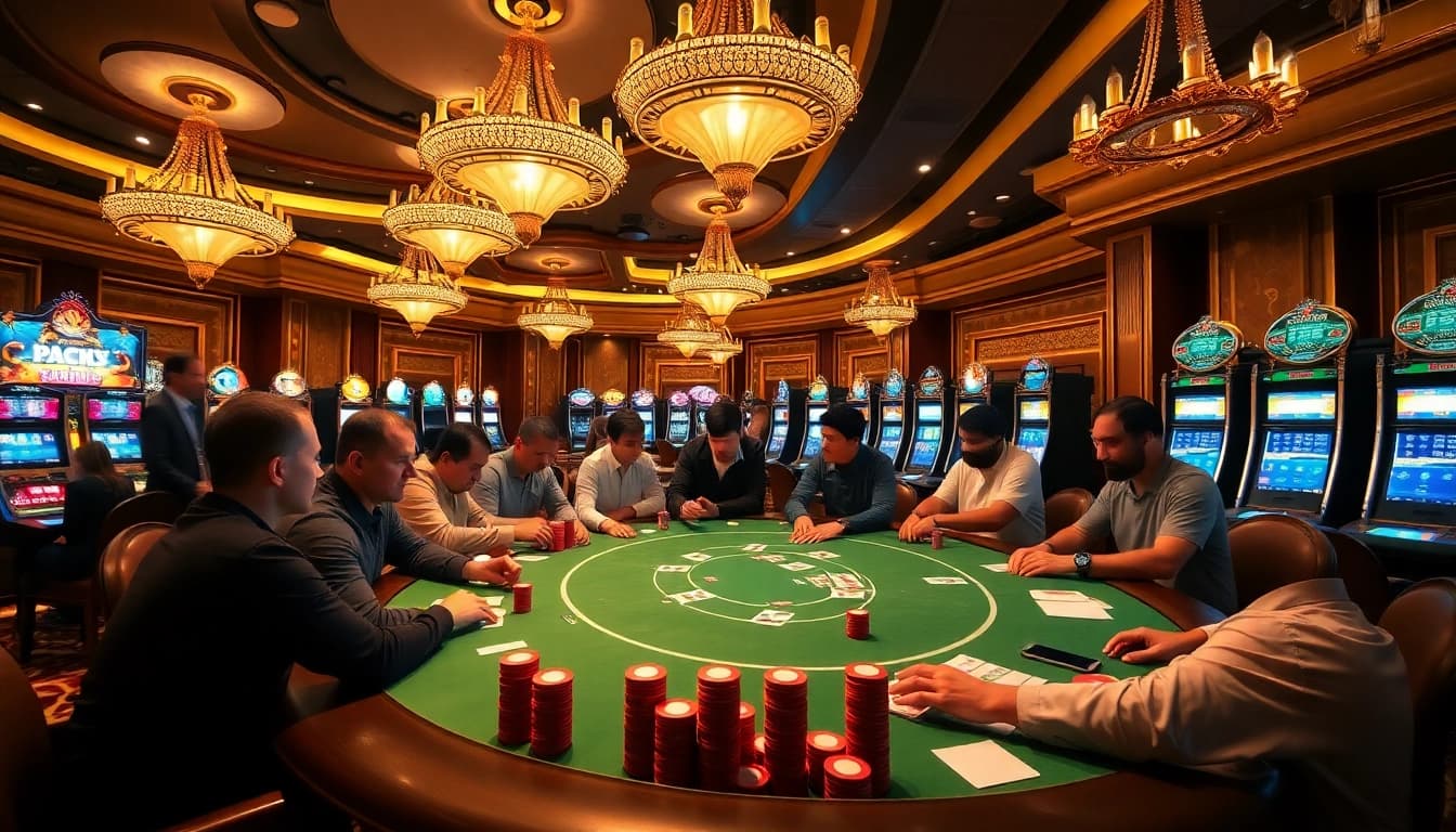 Players enjoying a high-stakes poker game at Xin88 casino with vibrant lights.
