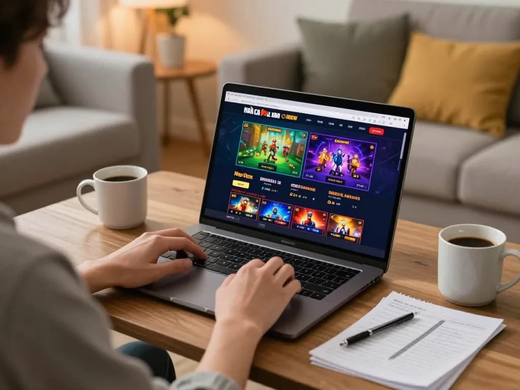 Engaging moment of online gaming at nhà cái 888NEW with player focused on the laptop, showcasing a cozy home environment.