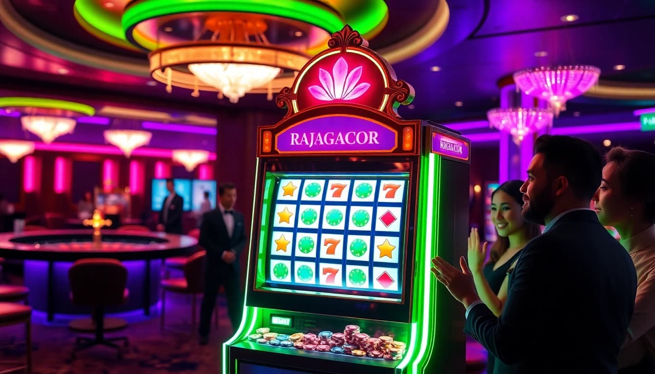 Players engaging with the RAJAGACOR slot machine surrounded by vibrant casino lights.