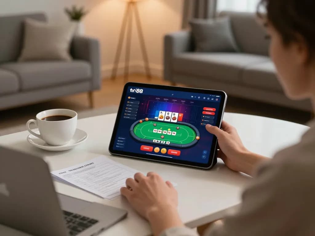 Engaging in online gambling with nhà cái tr88 app in a cozy home setting, showcasing a strategic gaming moment.