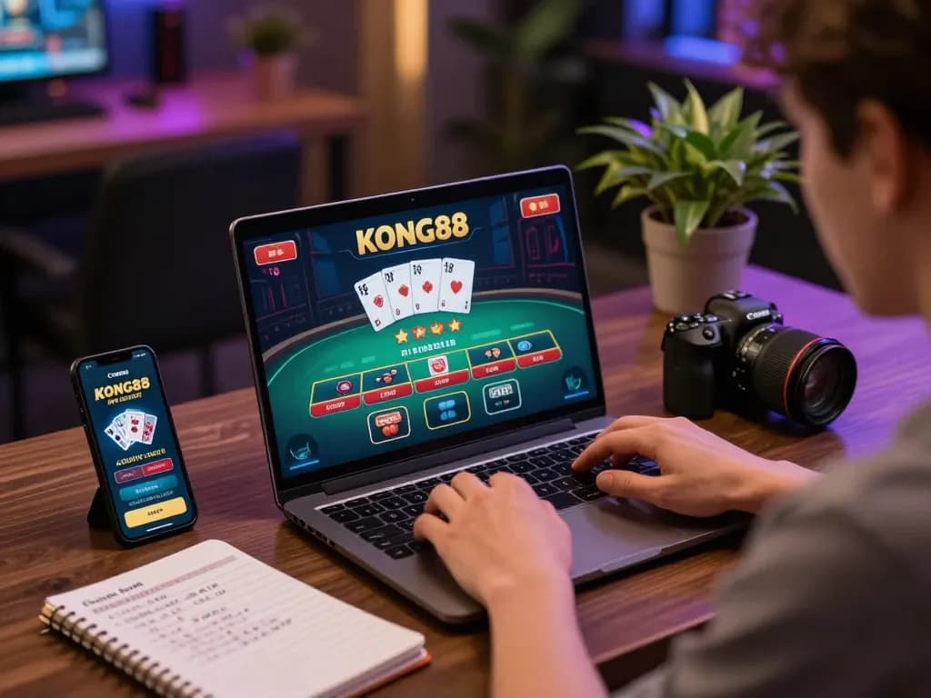 KONG88 engaging gameplay on laptop at home setup, showcasing strategic betting decisions.