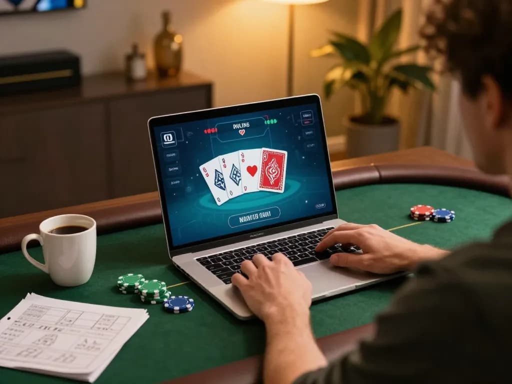 uu88 player strategizing at online poker with laptop and chips in stylish setting