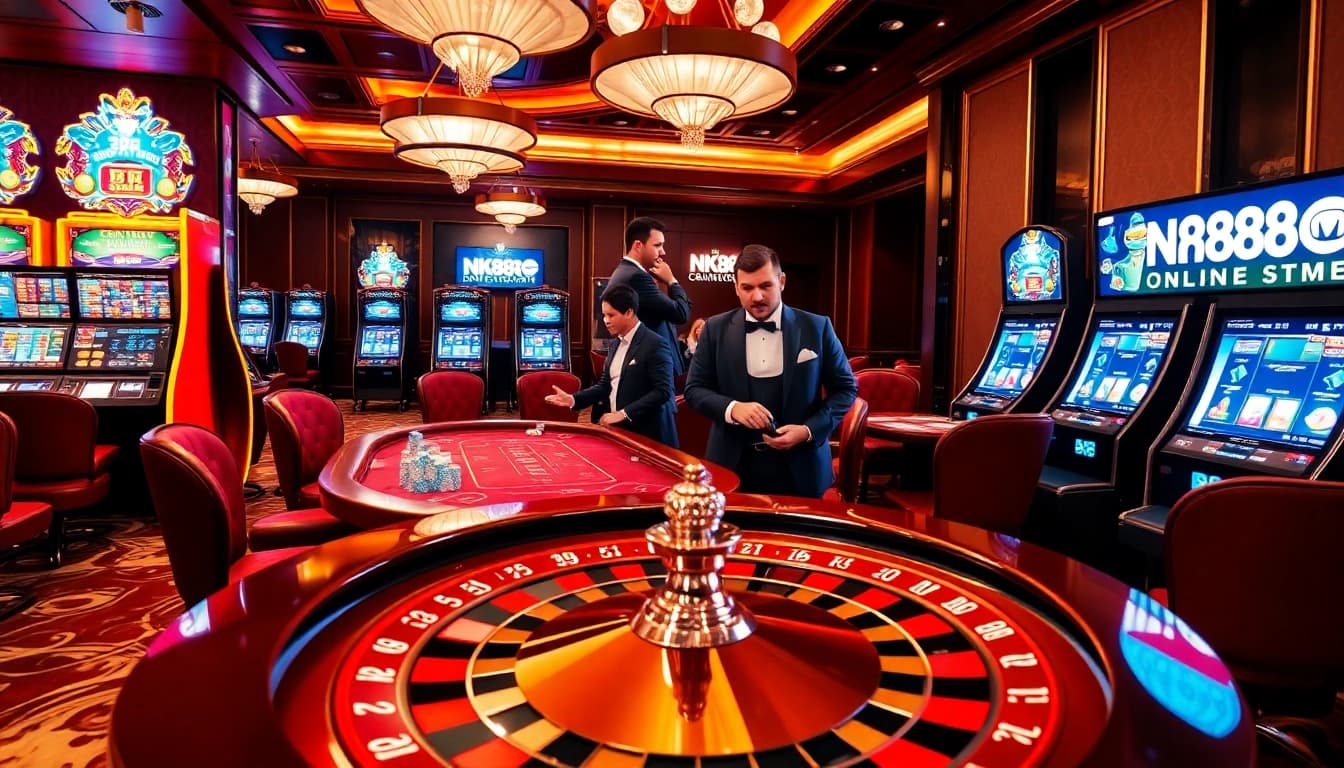 Experience the thrill of betting at NK88 online with luxury casino visuals showcasing poker and slot games.