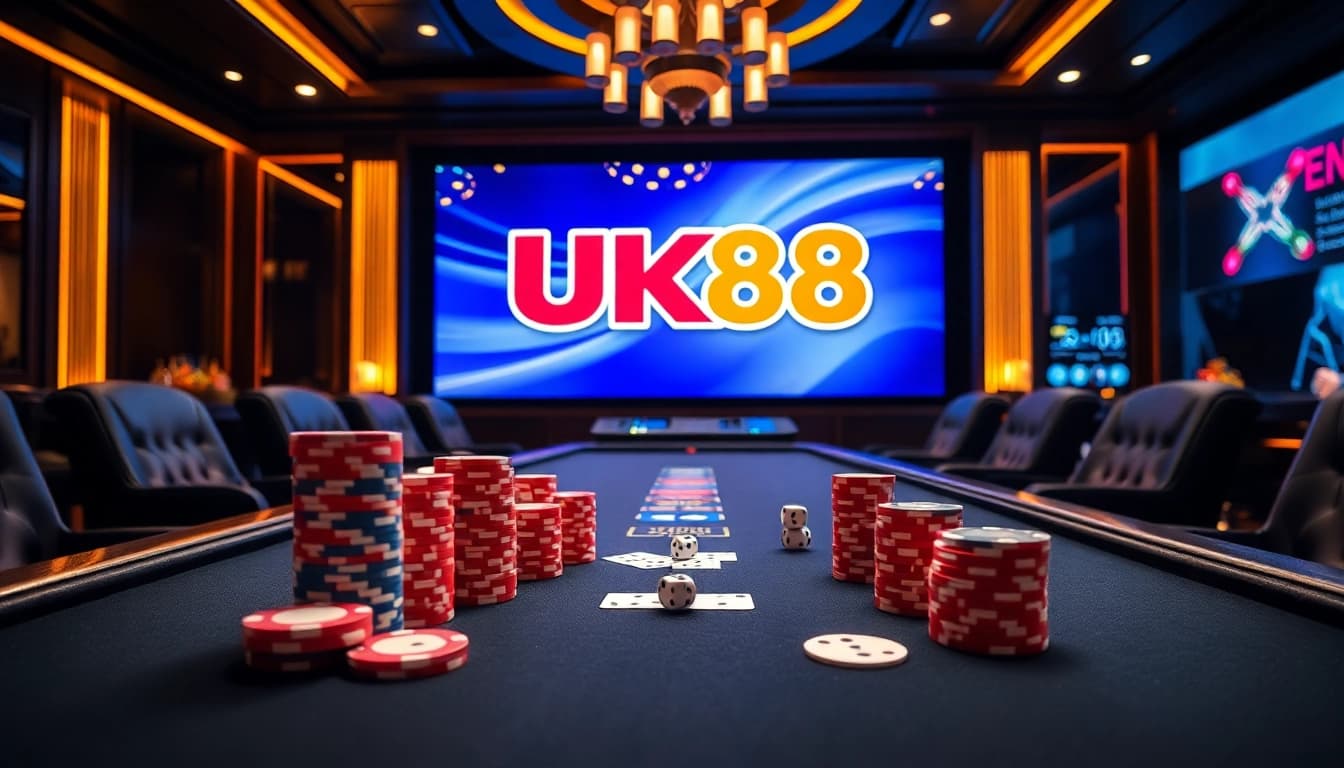 Engaging scene of nhà cái uk88 featuring a luxurious casino setting with poker chips and cards.