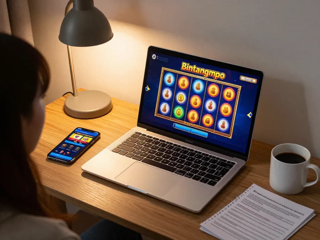 Antarmuka permainan slot Bintangmpo yang ditampilkan di laptop dengan gulungan berwarna-warni, pengaturan permainan di rumah yang nyaman.
