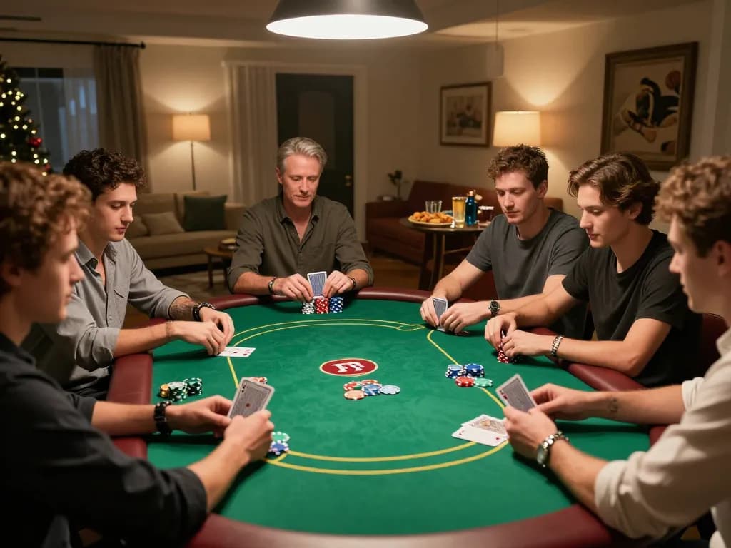 Players analyzing ty le keo at a friendly home poker game surrounded by warm lighting and lively atmosphere.