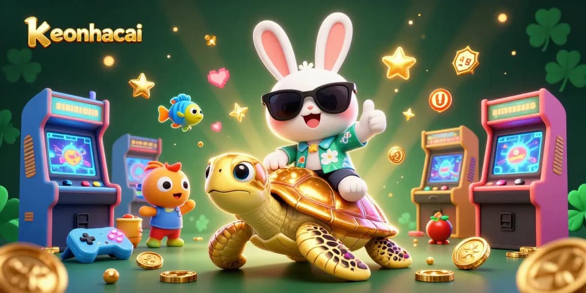 Experience the excitement of keonhacai with a lucky rabbit and golden turtle in a vibrant casino scene.