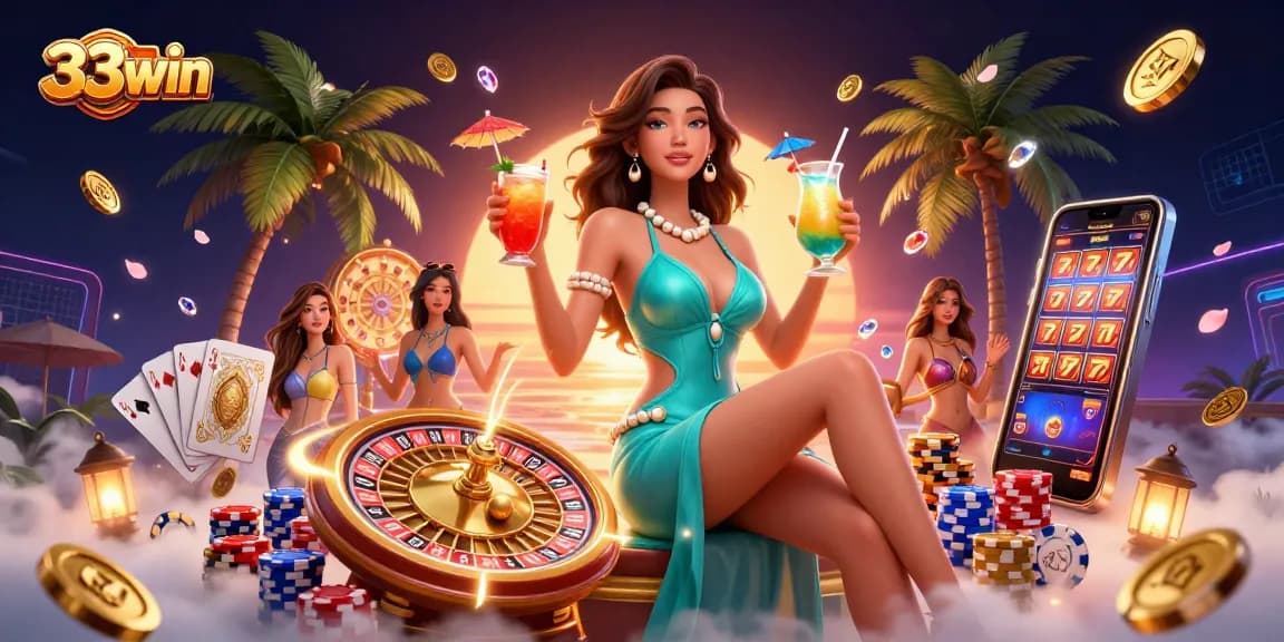 Win big with 33win in an exciting casino-themed sunset illustration featuring glamorous characters and vibrant elements.