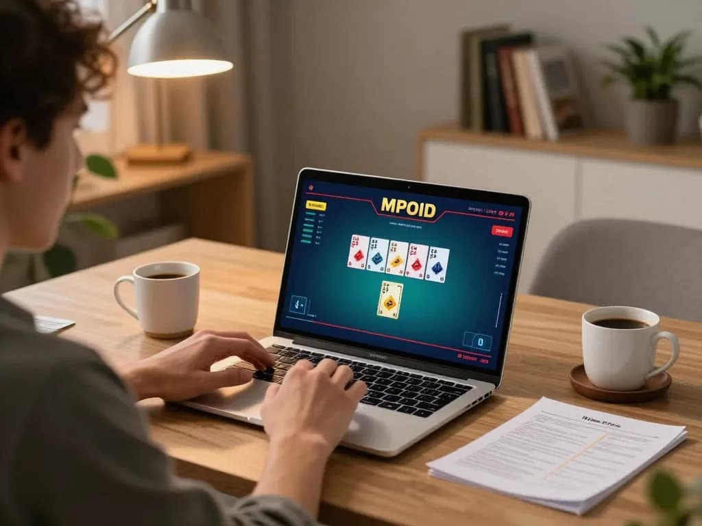MPOID user enjoying an interactive online poker game at home, complete with strategy notes and warm lighting.
