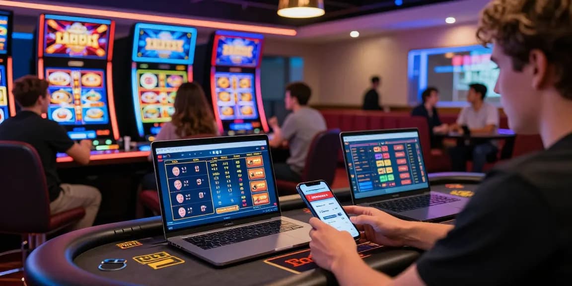 Engaged players experiencing OPEN88 online casino games on multiple devices in a lively gaming environment.
