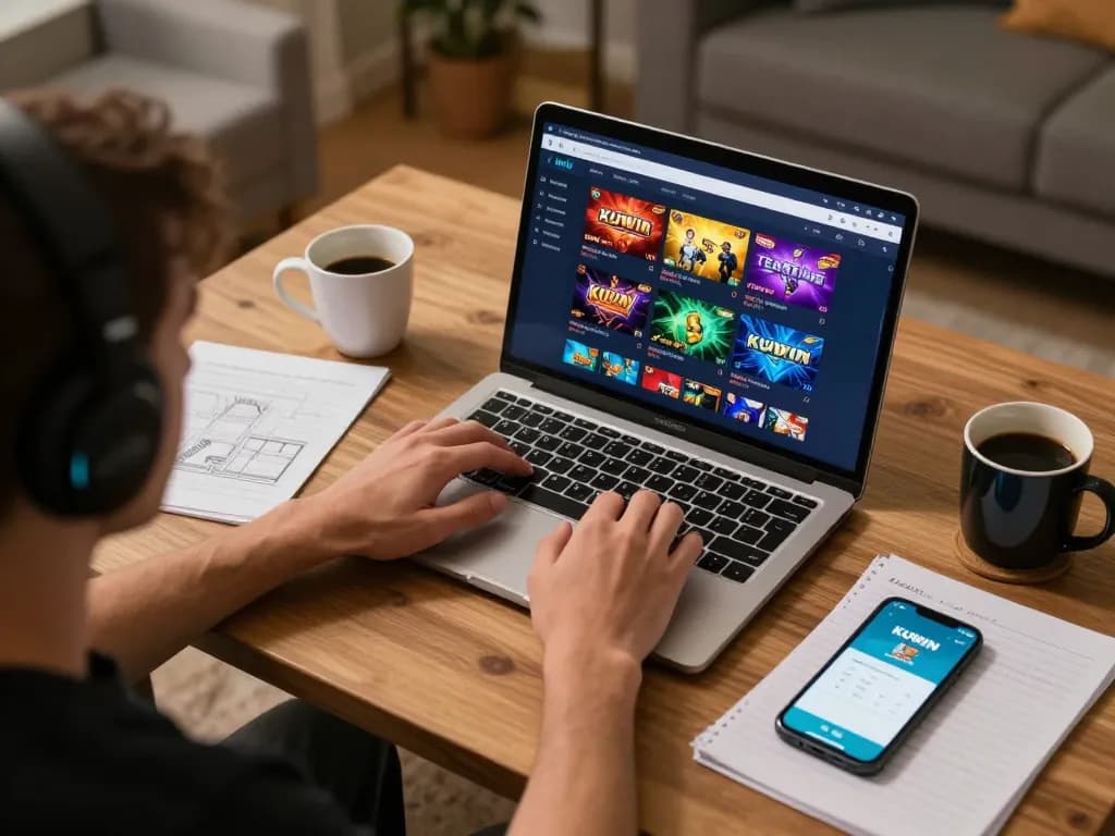 Kuwin player immersed in online casino gaming at home with digital interface visible