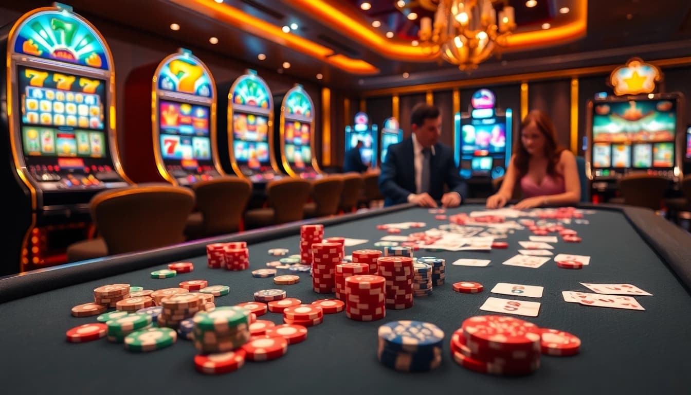 Players enjoying casino games at 78WIN, featuring vibrant slot machines and colorful betting chips.
