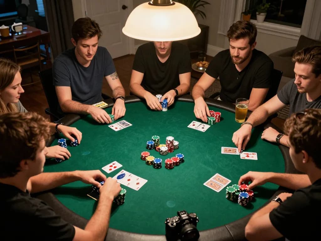 Friends enjoying a lively home poker game with mm88 strategies at play, warm lighting and colorful chips create an inviting atmosphere
