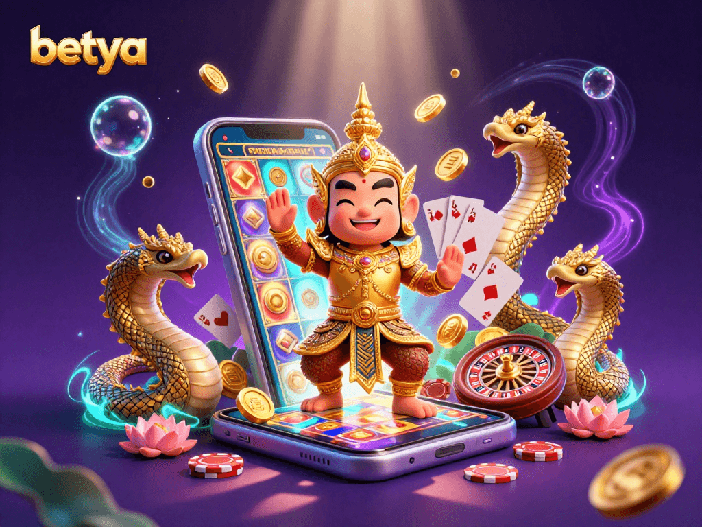 Betya casino scene featuring a yaksha guardian, Naga serpents, and dynamic gambling elements.