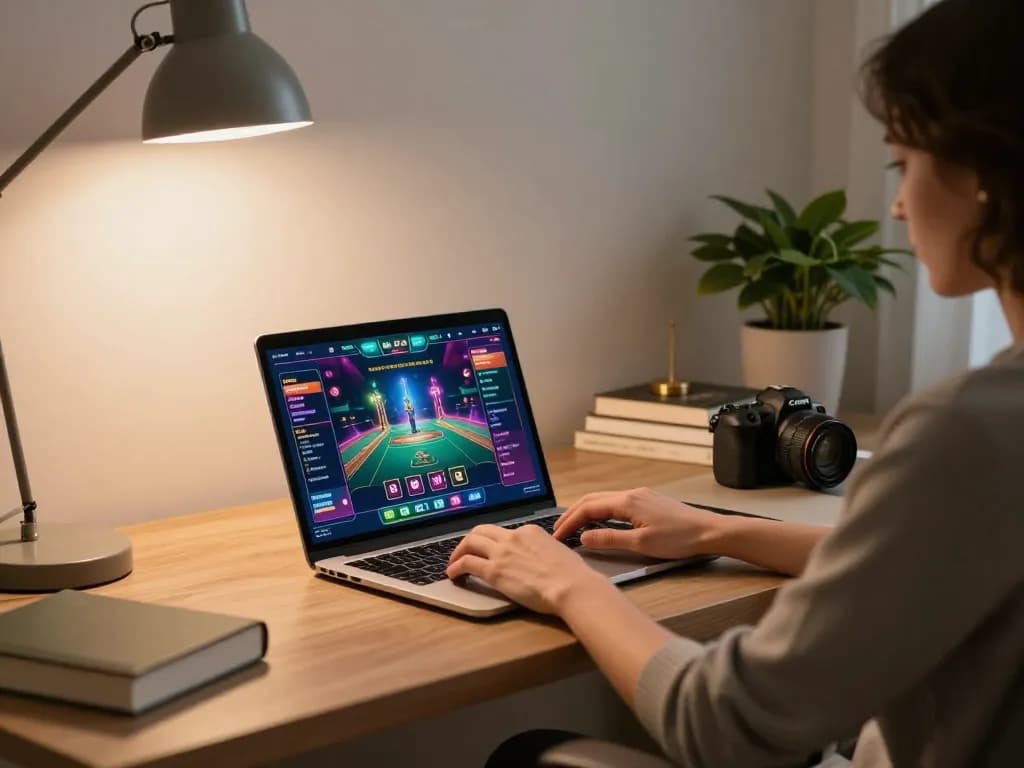 Engaging with tg88 online casino on a laptop in a cozy home office