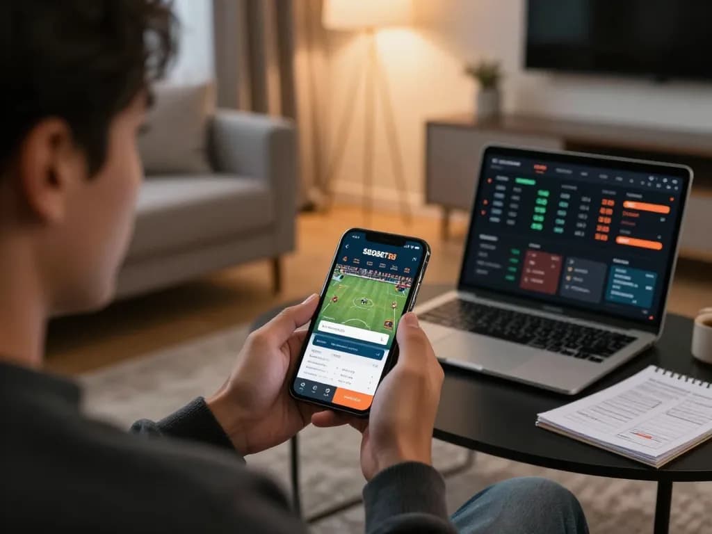 SBOBET88 login experience, analyzing live betting odds on smartphone in a cozy home gaming setup
