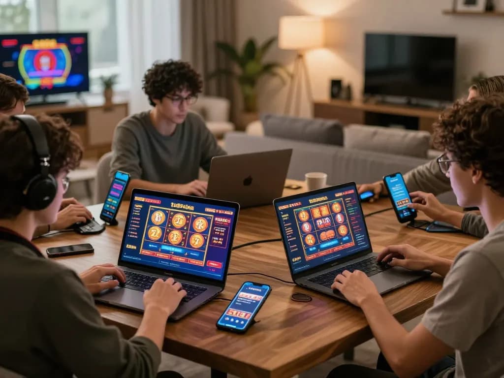 Players engaging in online gaming on tr88vina platform in a modern living room, highlighting excitement and strategy.