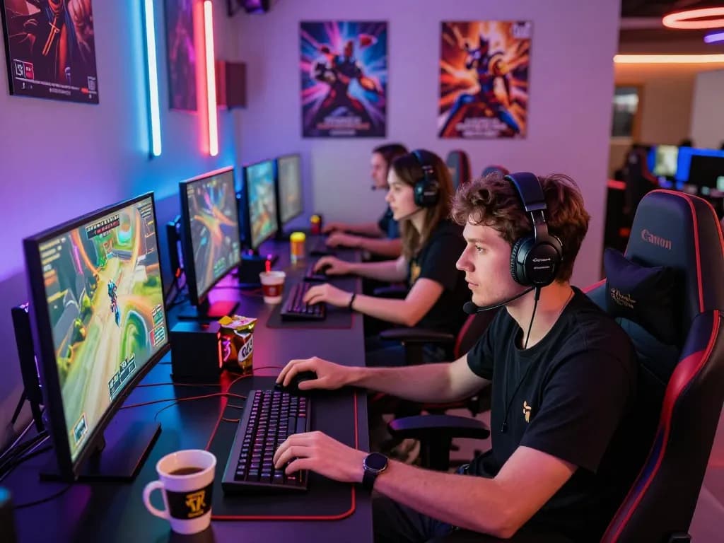 Engaged gamers enjoying nk88 com in a vibrant online gaming space with modern decor.