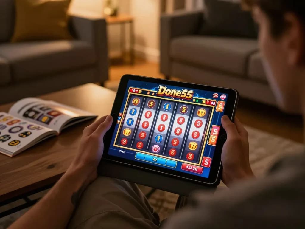 Player enjoying Done55 game on tablet in cozy living room, showcasing online gambling