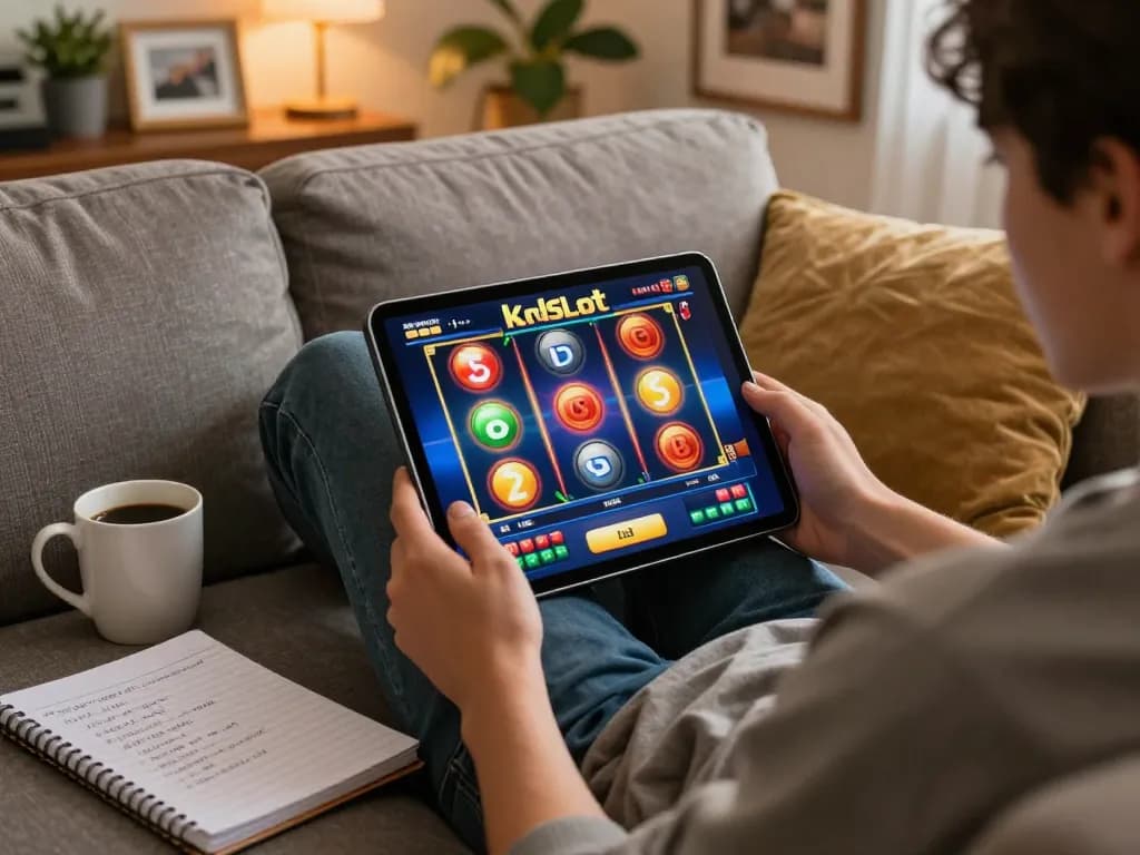 Player engaging with kdslot on a tablet in a cozy living room setting.