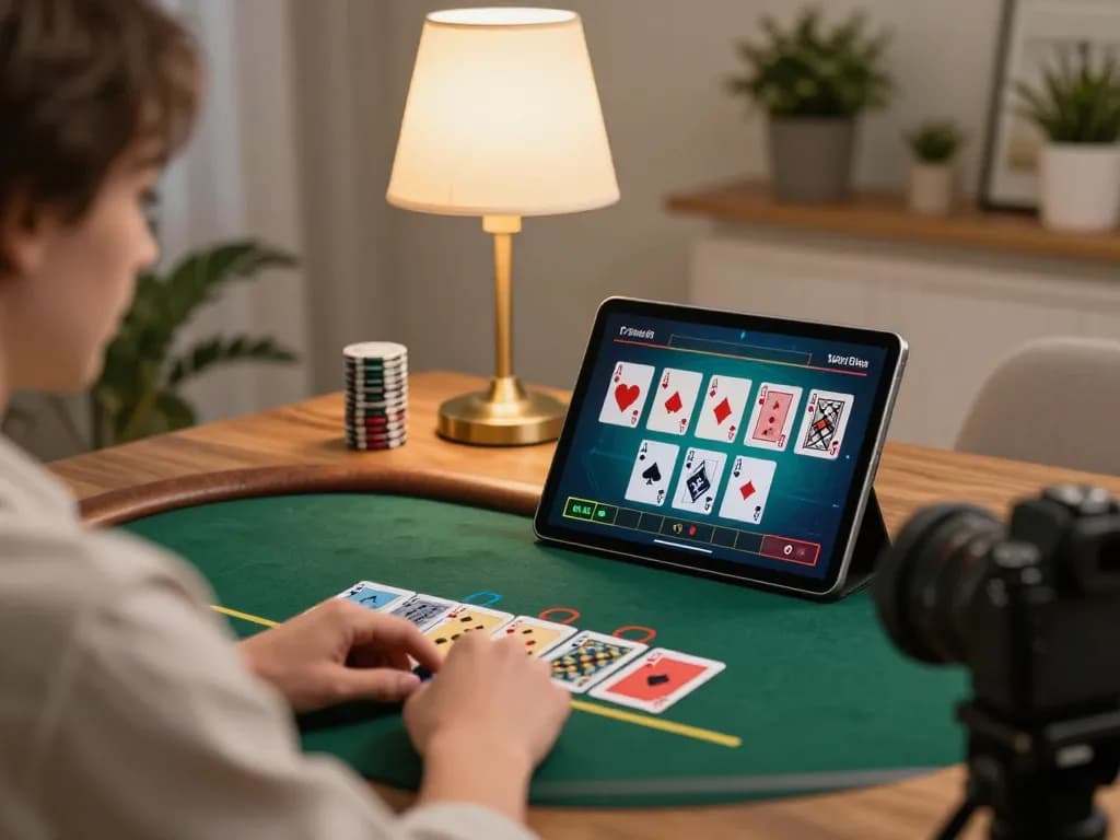 Player enjoying a strategic blackjack game on MMOO using a tablet in a cozy setting
