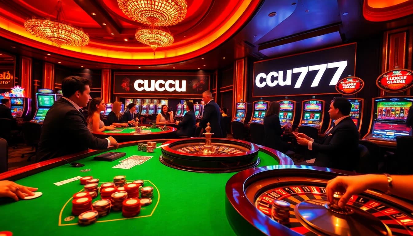 Experience the thrills of cucu 777 at a glamorous casino with a roulette table and lively players.