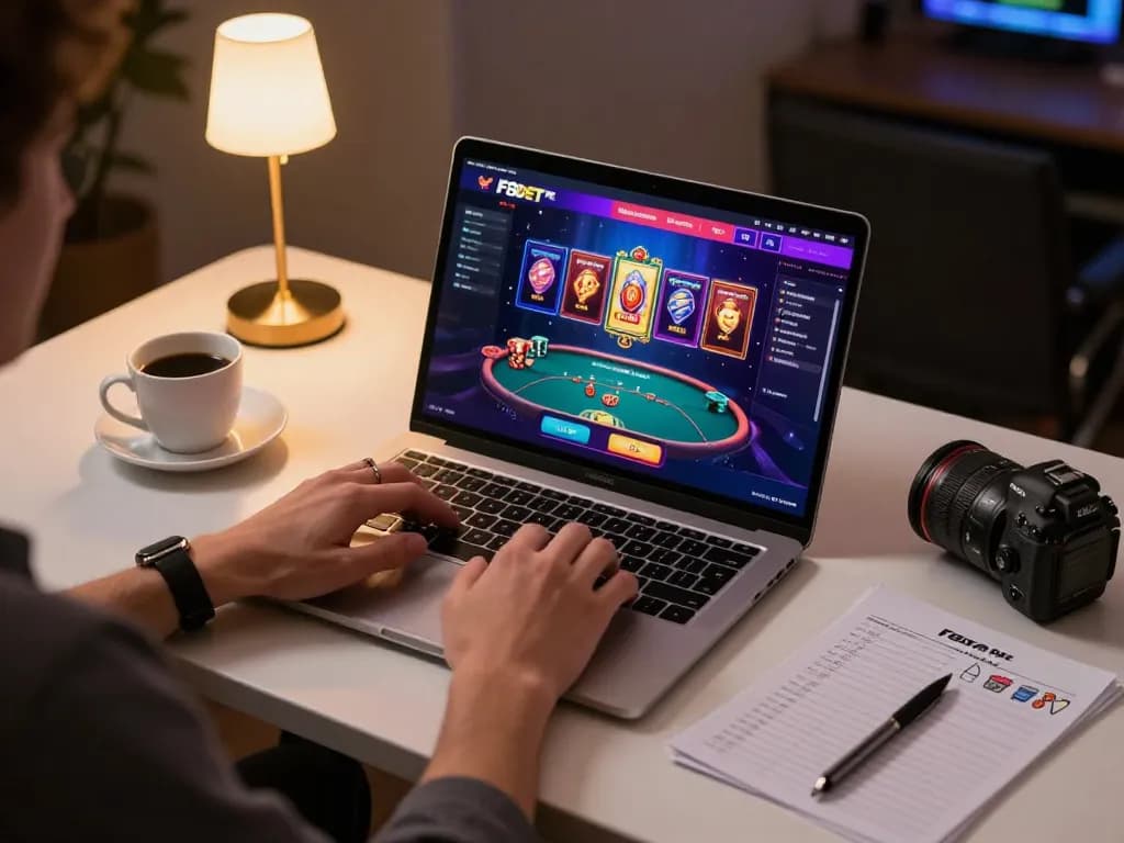 Engaging in online gambling at F8bet me with a laptop showing casino games on screen