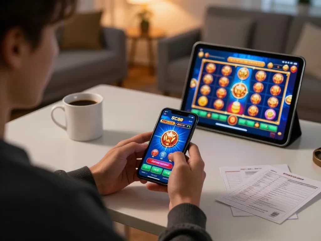 Engaged player using SC88 mobile app for online gaming in a cozy home setting