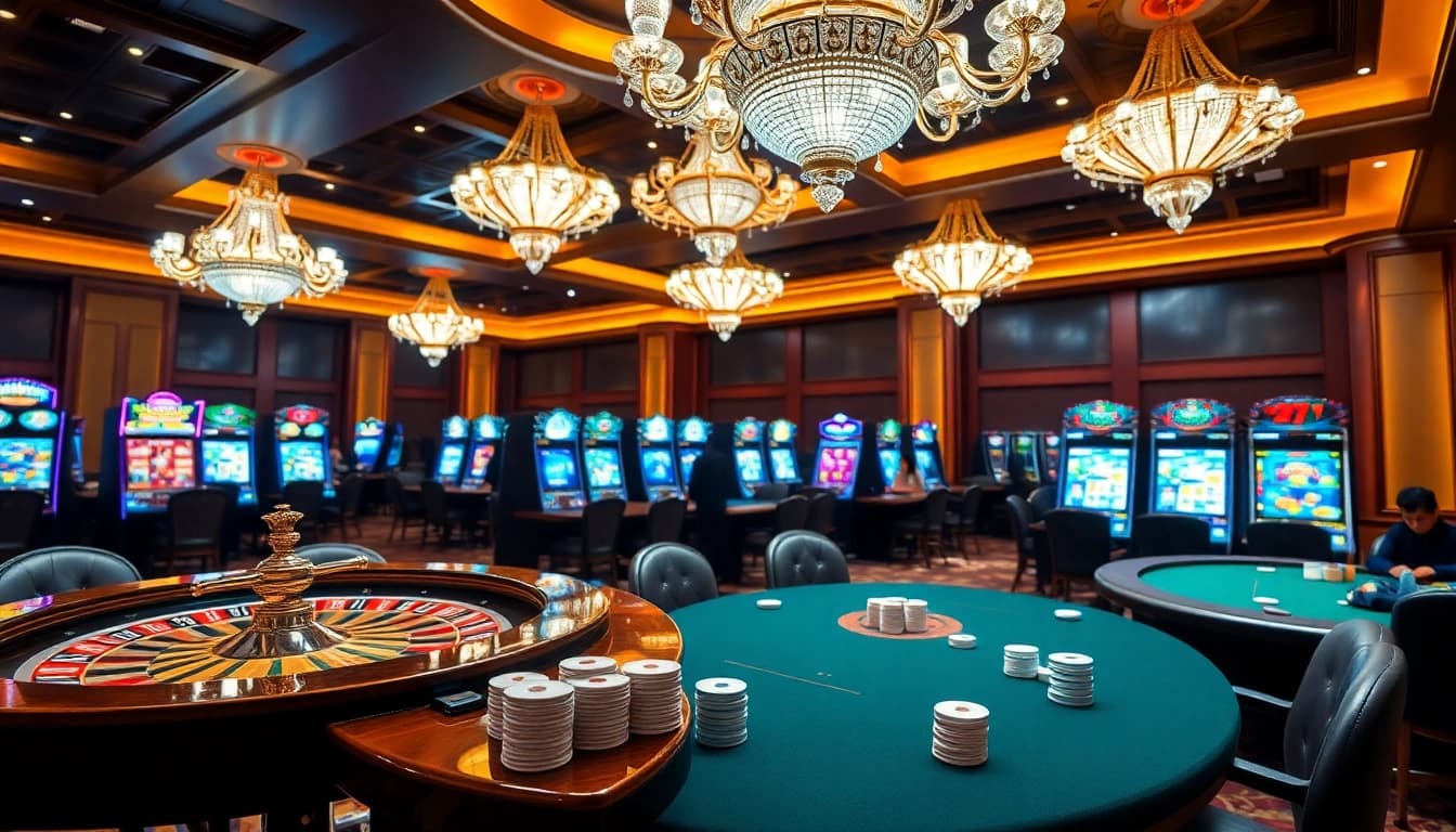 Experience glamorous gaming action at trang chủ 789Win with luxury casino tables and vibrant slot machines.