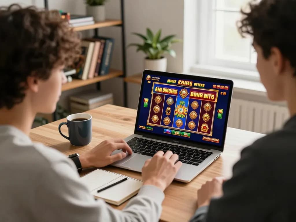 Engaging with online usa casinos from a cozy home gaming setup, focusing on slot game strategies.