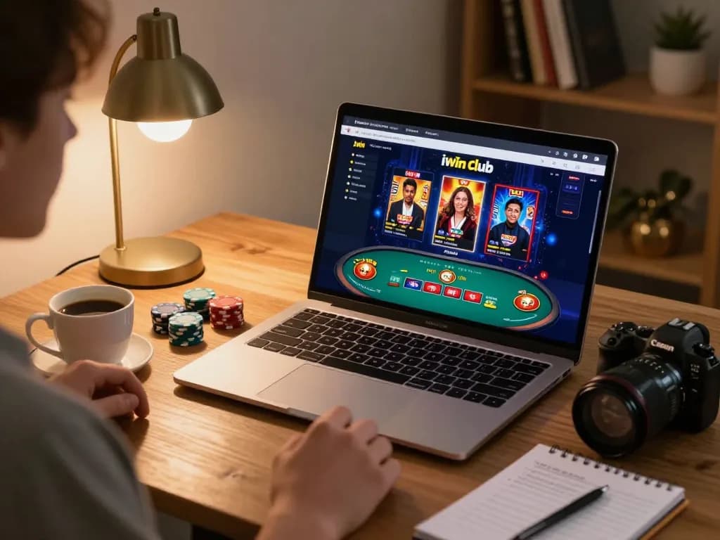 Engaged player enjoying online games at iwin club, cozy gaming setup with detailed strategies.