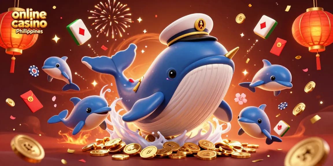 Engage with a vibrant scene showcasing online casino Philippines elements featuring a whale and narwhal in celebration.