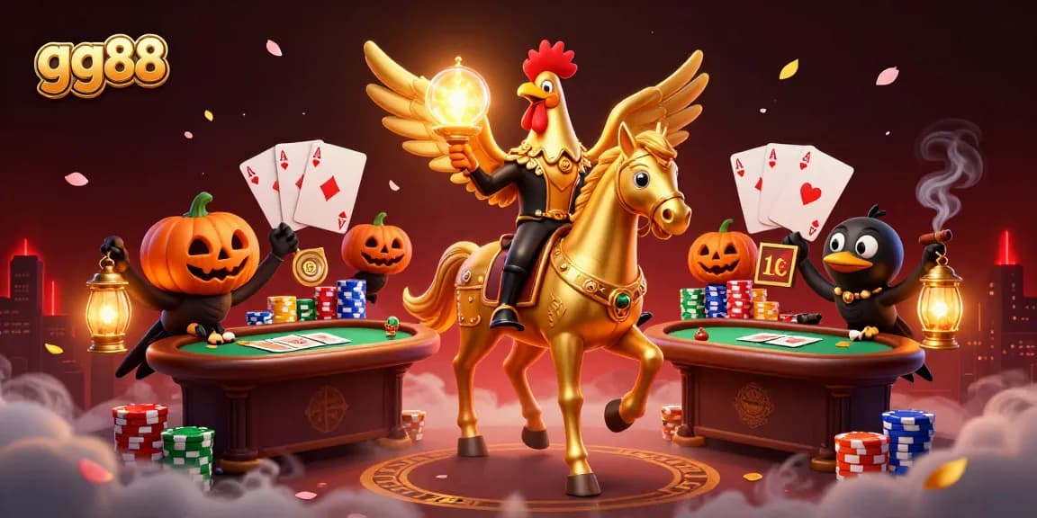 Win big at gg88’s vibrant casino scene with golden rooster and poker elements.