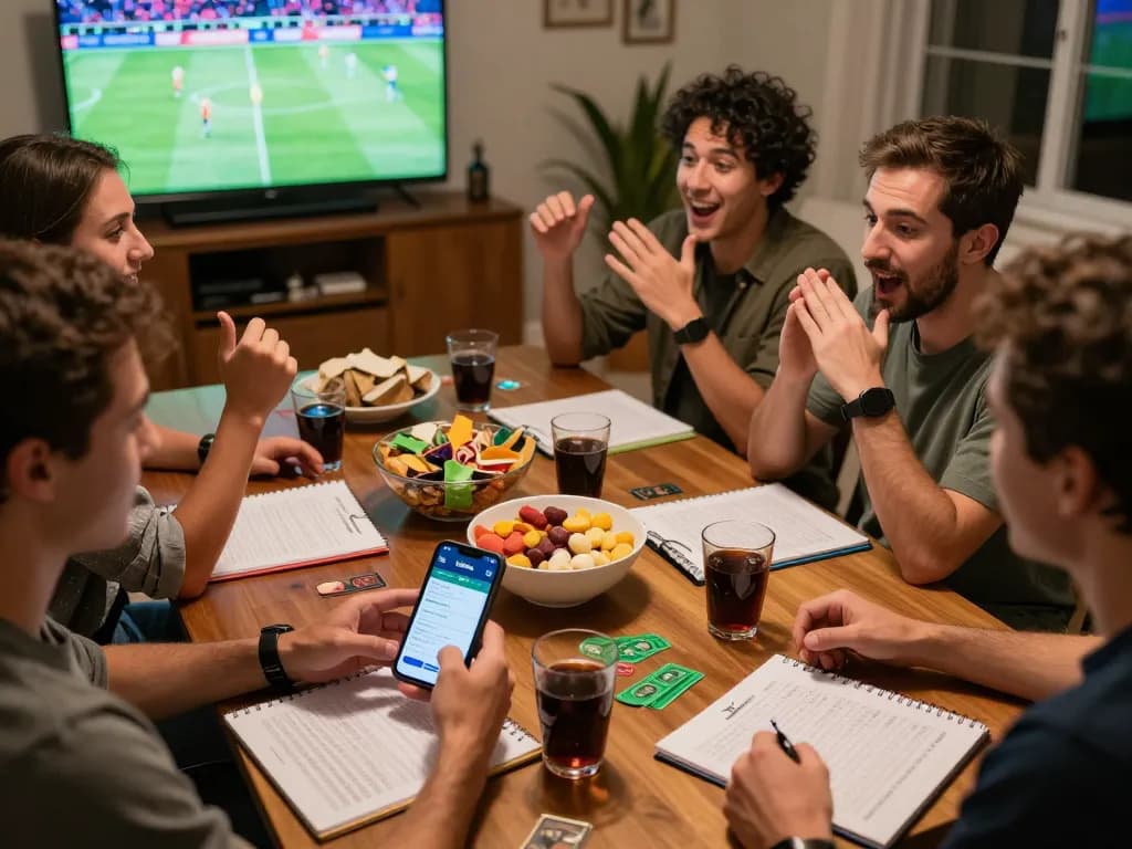 Friends celebrating during a sports betting night using the 7meter Parlay app for winning bets.