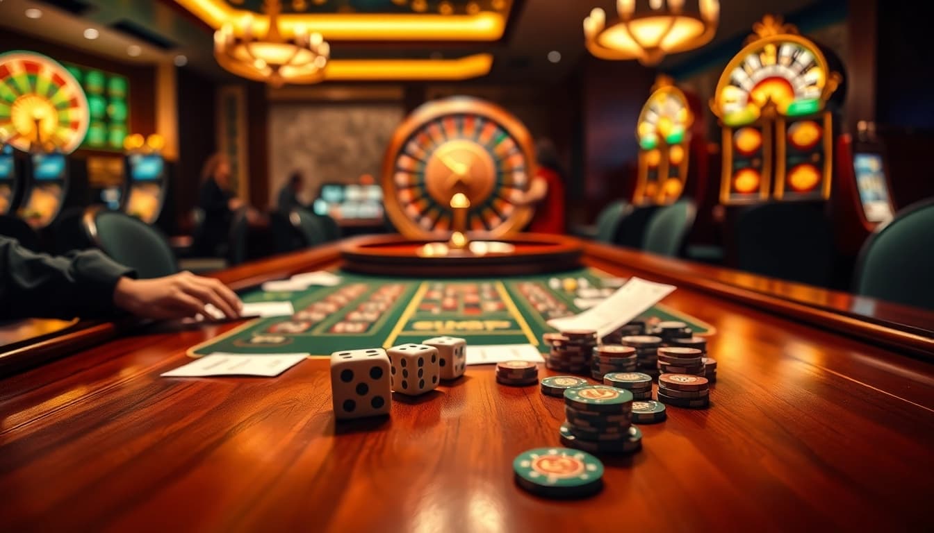 Exciting Tài xỉu md5 gameplay at a luxurious casino table with dice and chips.