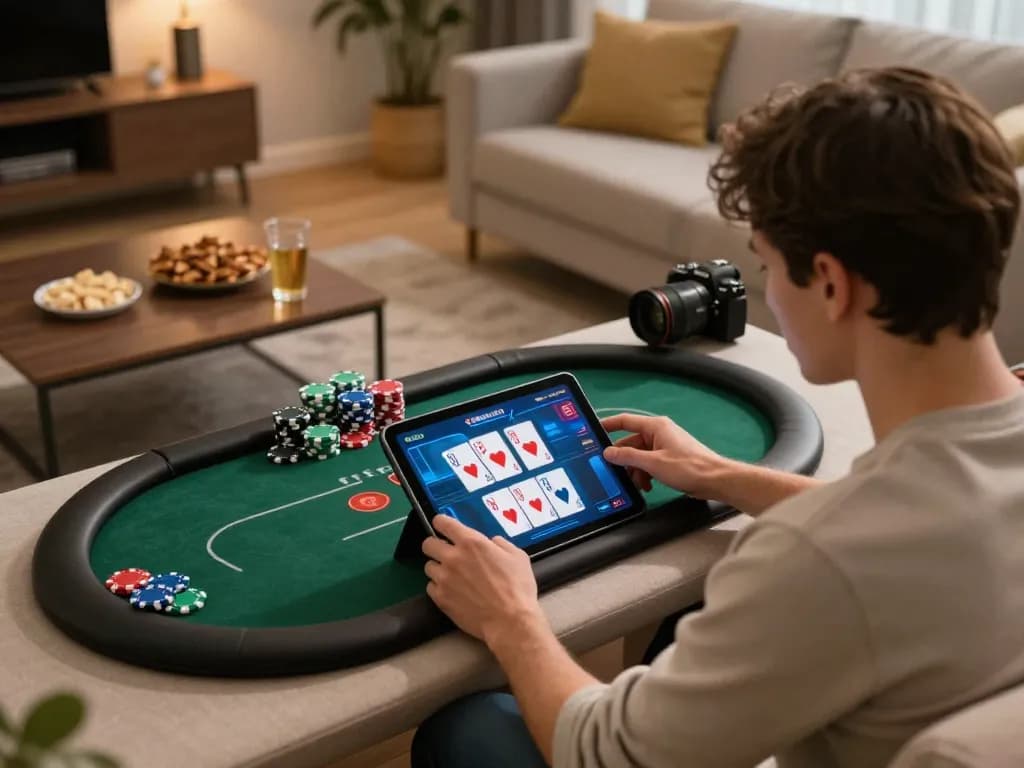 Engaged player enjoying the phtaya online poker game on a tablet, showcasing vibrant graphics.