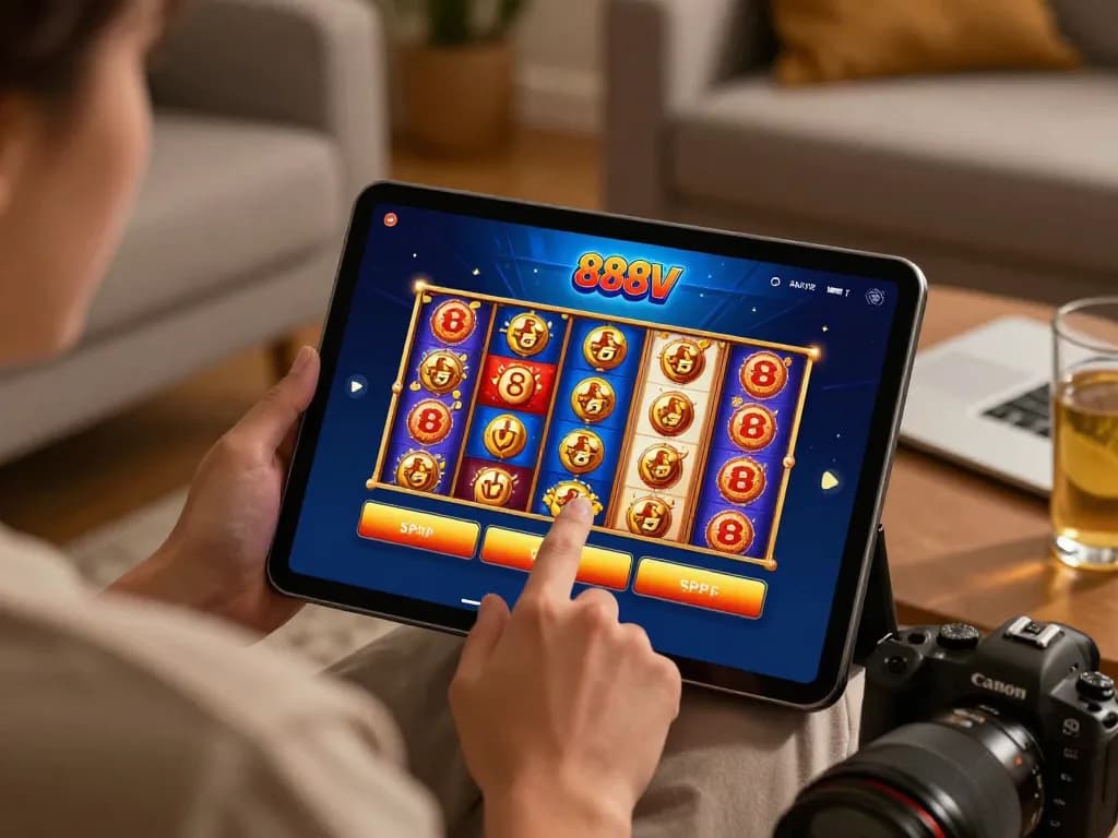 Engaging user playing 888VI casino app on tablet in a cozy home environment.