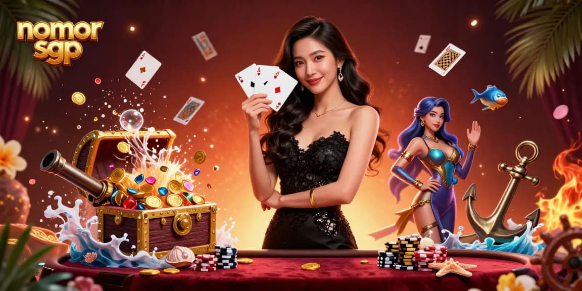 Engage with nomor sgp today as an elegant Asian woman elegantly showcases ace cards amidst a vibrant casino scene.