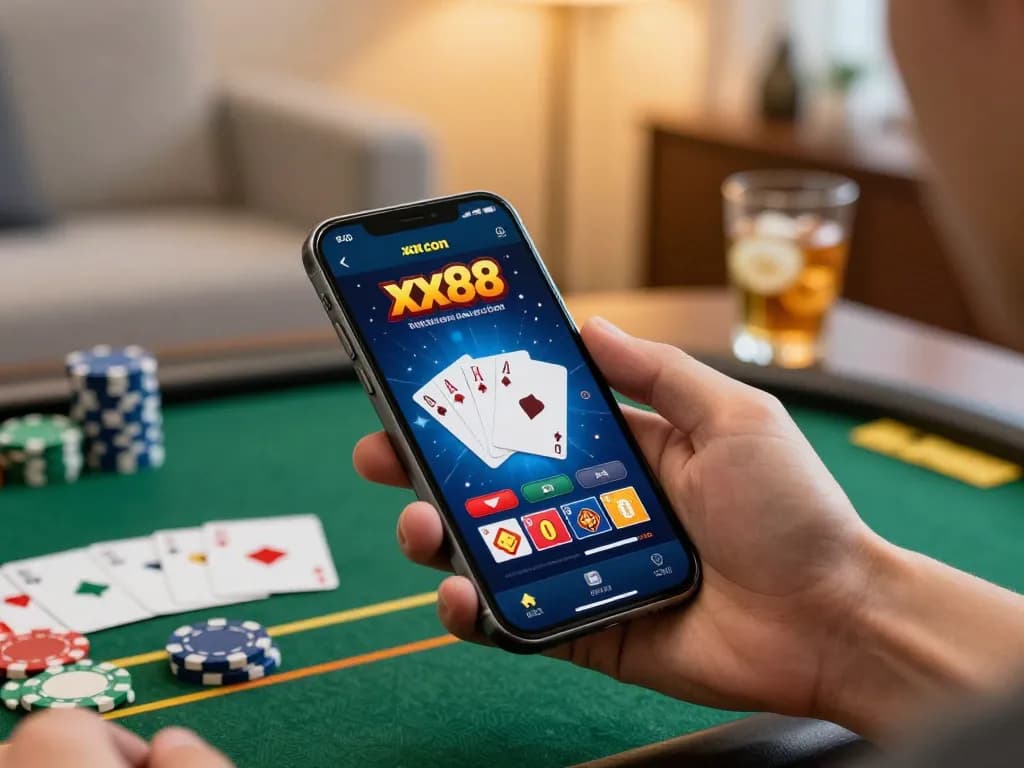 Engaging gameplay on xx88 com app, displaying poker interface during a home gaming session.