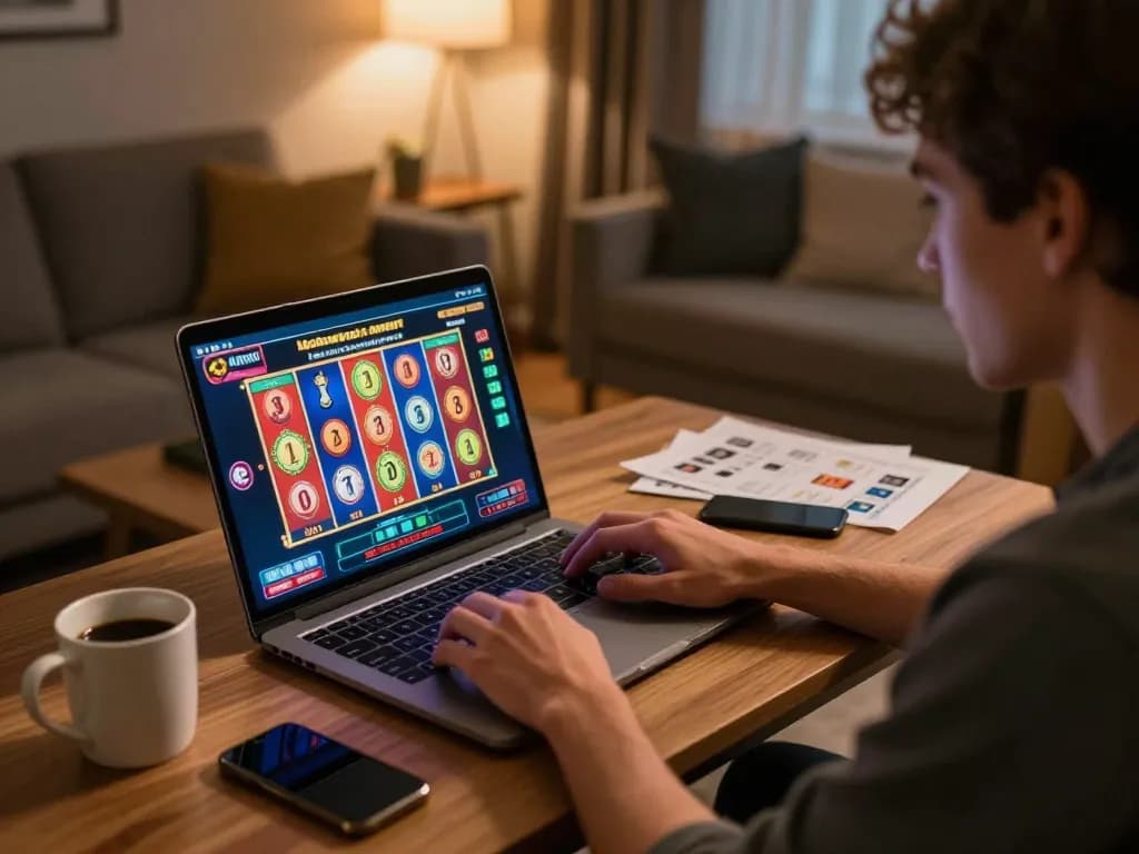 Kuwinfi player engaging with online slots in cozy setting, showcasing excitement and strategy.