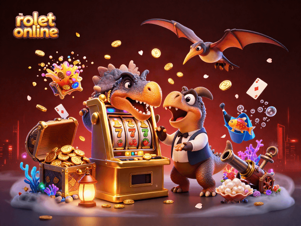 Experience the thrill of rolet online as a cartoon dinosaur wins a jackpot while gold coins rain down.