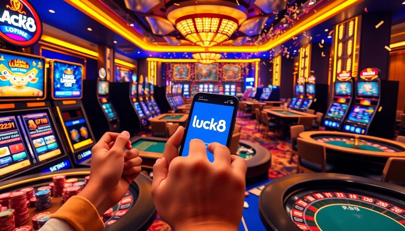 players enjoying the luck8 app on mobile devices amid vibrant casino aesthetics