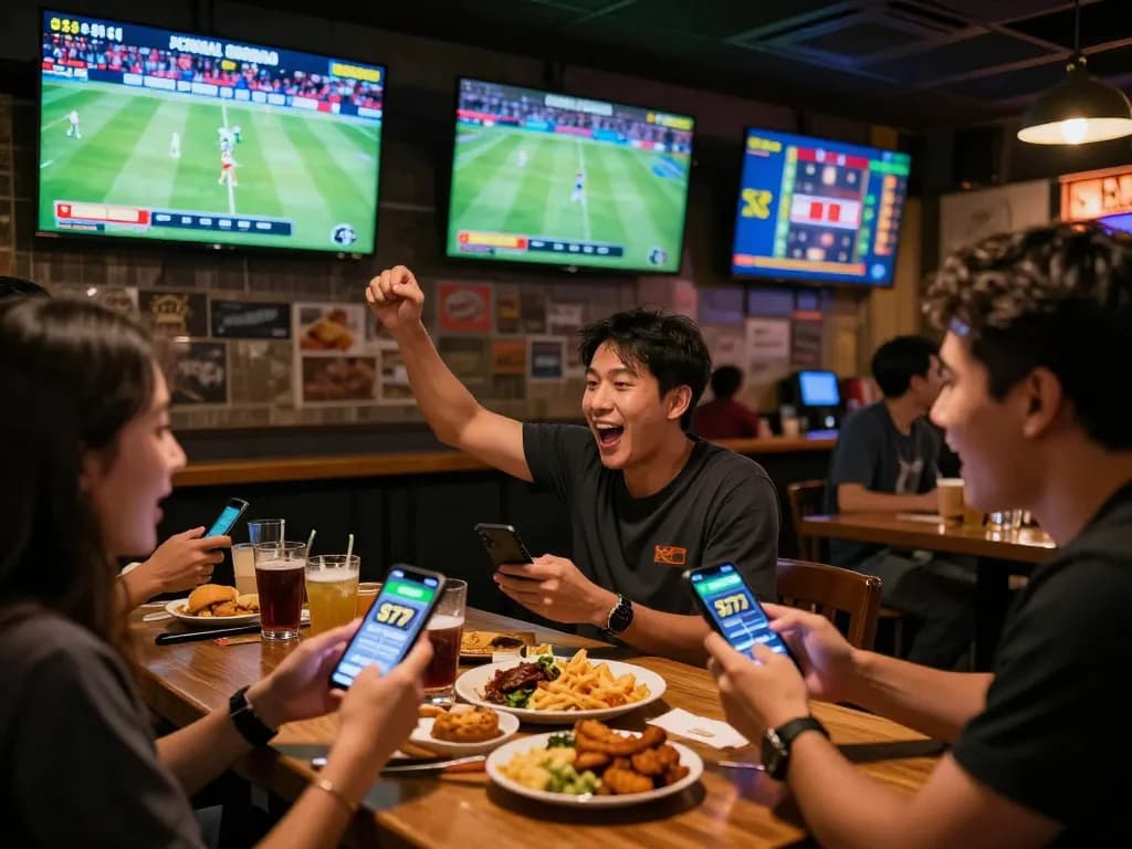 Exciting sports betting atmosphere featuring SG 777 app in use while patrons celebrate live events.