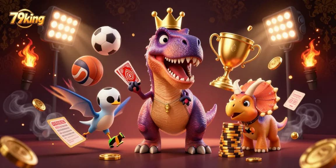 Engage with 79king's thrilling animations featuring a T-Rex and friends in a high-energy casino scene.