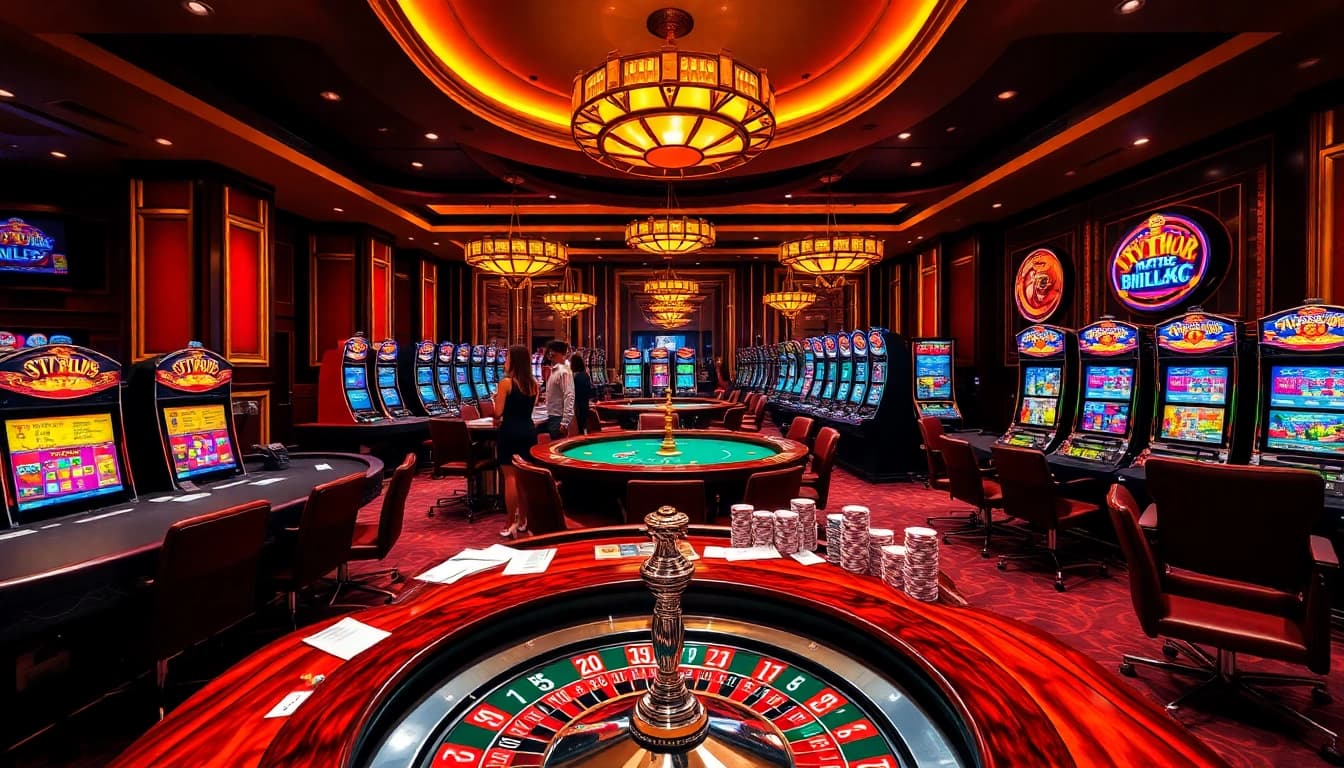 A thrilling gambling scene at Typhu88 featuring vibrant casino tables, slot machines, and poker chips, capturing the essence of casino excitement.