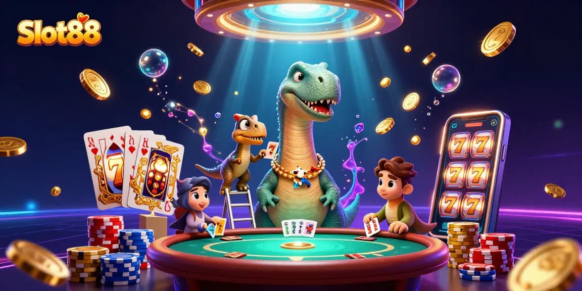 Immerse in Slot88 action with a brontosaurus and raptor among casino excitement.