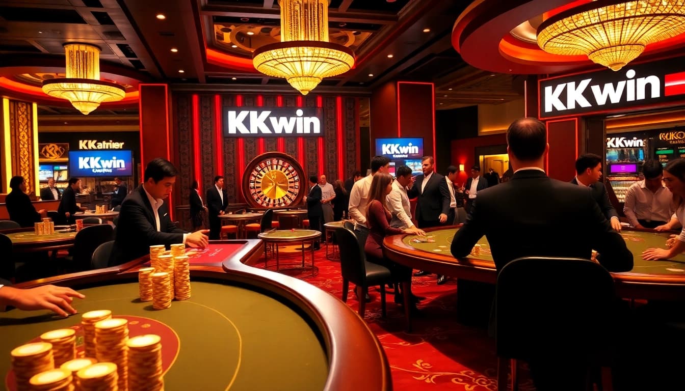 Kkwin casino scene with excited players at blackjack and roulette tables, showcasing luxury gambling experience.