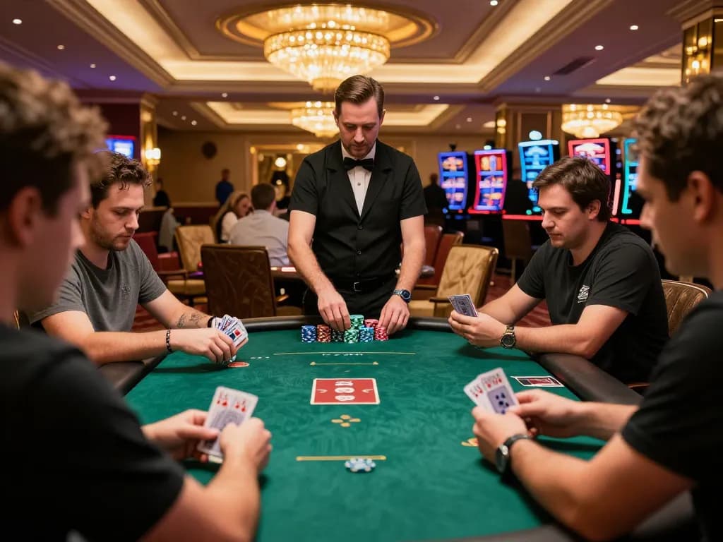 Players engaging in high-stakes poker at mb88slot casino, showcasing strategic gameplay and luxury atmosphere