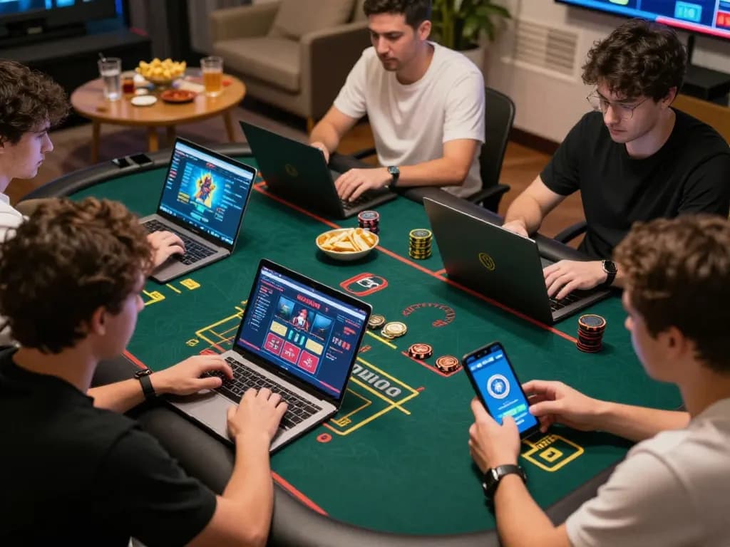 MPO08 players engaged in exciting online gambling session using laptops and smartphones.